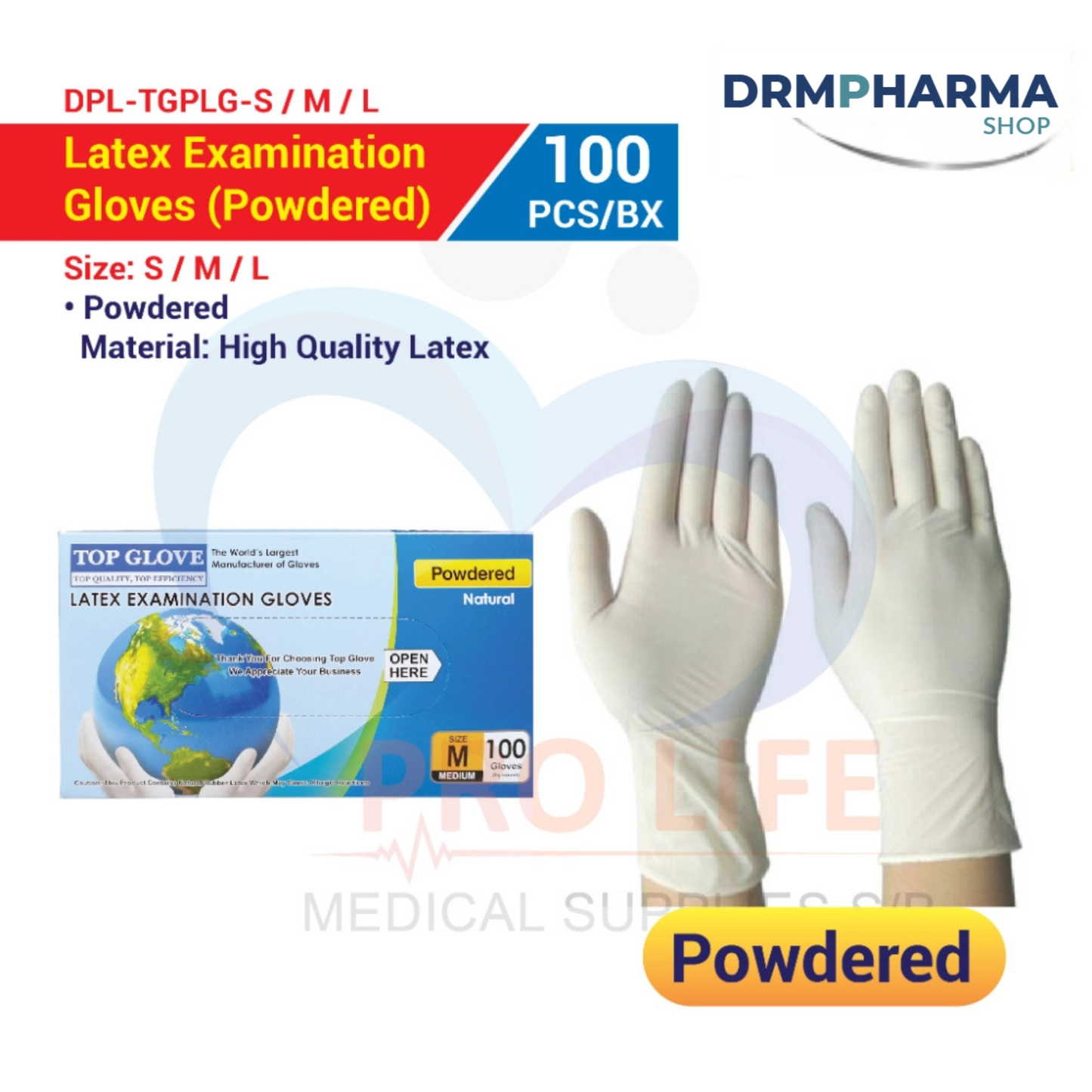 Top Glove Latex Examination Gloves, Powdered, White (100 Pcs Per Box)(Size : S, M, L) Natural Medical Gloves