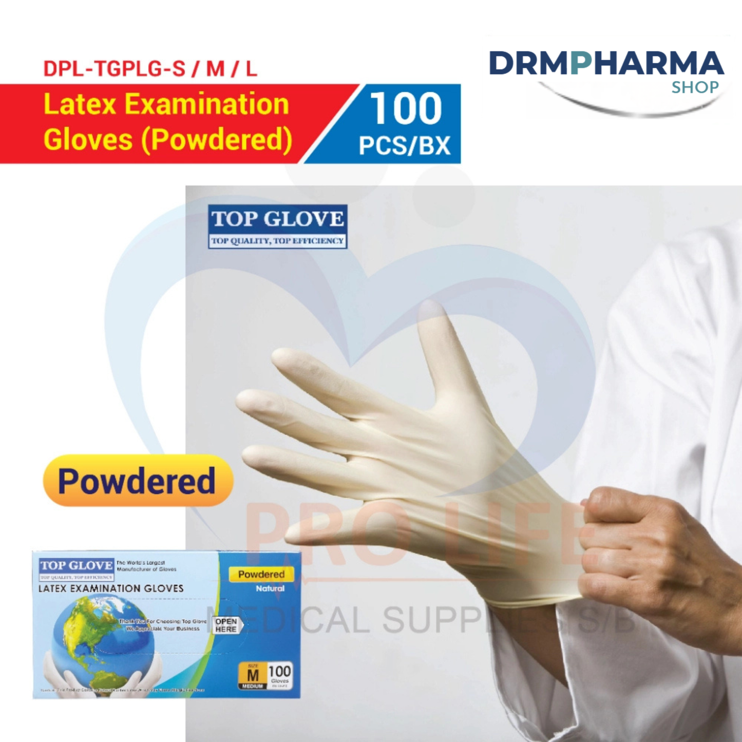 Top Glove Latex Examination Gloves, Powdered, White (100 Pcs Per Box)(Size : S, M, L) Natural Medical Gloves