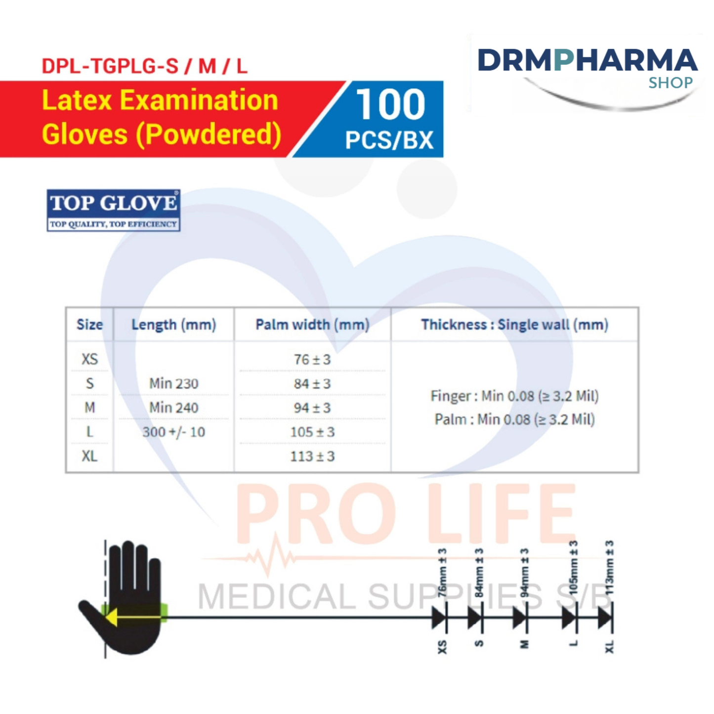 Top Glove Latex Examination Gloves, Powdered, White (100 Pcs Per Box)(Size : S, M, L) Natural Medical Gloves