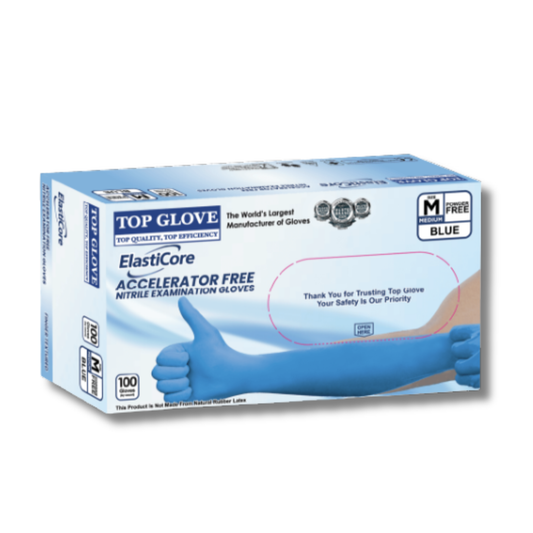Top Glove ElastiCore Blue Nitrile Examination Gloves – Accelerator-Free, Powder-Free